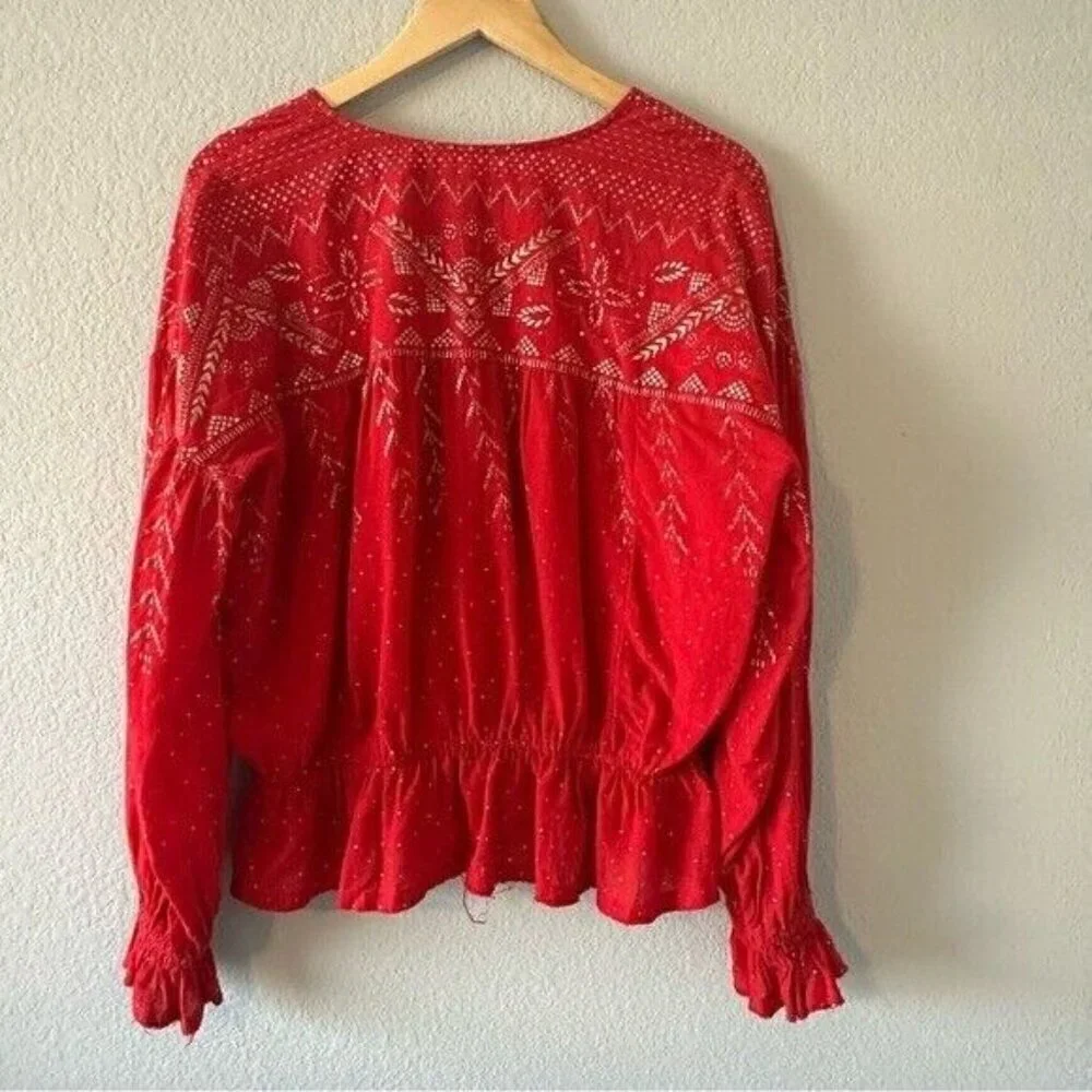 Free People Womens Counting Stars Peasant Blouse, Red, Medium